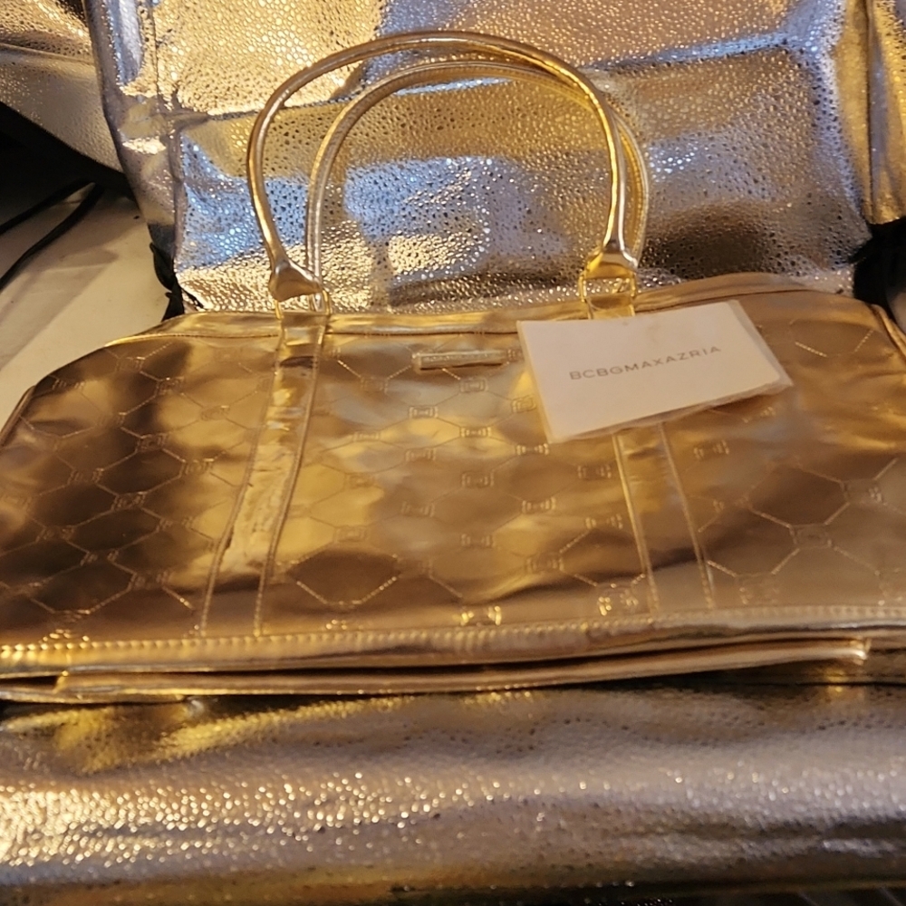 NEW BCBGMAXAZARIA large GOLD TOTE travel BAG metallic 17X12X5